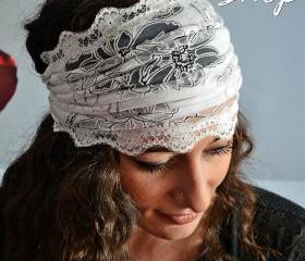 White Gorgeous Headband Lace Turban With Transparent Flowers