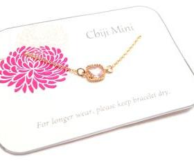 gold charm bracelet - bezel stone bracelet - light pink crystal