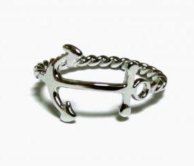 Anchor Ring-Rhodium Over 925 Sterling Silver With Rope Band-Size 8