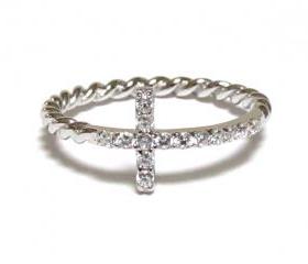 Sideways Cross Ring-Rhodium Over 925 Sterling Silver With Hand Set CZ Ring With Rope Band-Size 6