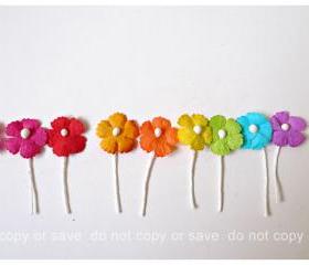 Flat mini mulberry paper flowers colorful / pack 