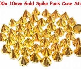 100 pcs 10mm DIY Gold Metal Spike Cone Punk FlatBack Studs Hotfix Iron On Glue On for iPhone Case, Shirt or Crafts