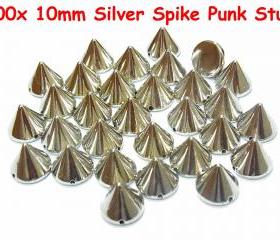 100 pcs 10mm DIY Silver Metal Spike Cone Punk FlatBack Studs Hotfix Iron On Glue On for iPhone Case, Shirt or Crafts