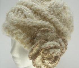 Womens Cream Beanie with Crochet Rose Cream Beanie for Women Beige Color Beanie for Women