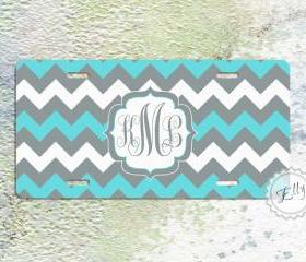  License plate tiffany blue and gray monogrammed chevron aluminium personalized car tag