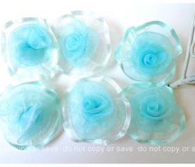 6 Organza rolled silver blue flowers / pack 