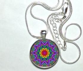 MANDALA Pendant Mandala Jewelry Buddhist Yoga Zen Necklace Purple, pink, blue. 1' Pendant, Glass, sterling silver, high quality Chain.