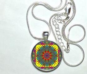 MANDALA Pendant Mandala Jewelry Buddhist Yoga Zen Necklace Purple, pink, blue. 1' Pendant, Glass, sterling silver, high quality Chain.