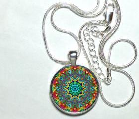 MANDALA Pendant Mandala Jewelry Buddhist Yoga Zen Necklace Purple, pink, blue. 1' Pendant, Glass, sterling silver, high quality Chain.