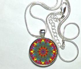 MANDALA Pendant Mandala Jewelry Buddhist Yoga Zen Necklace Purple, pink, blue. 1' Pendant, Glass, sterling silver, high quality Chain.