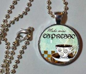 Make Mine espresso. 1' sterling silver & glass photo pendant with ball chain. Coffee necklace. coffee cup. Coffee Lover art pendant charm