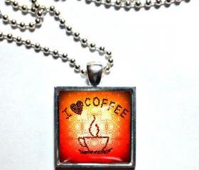 Orange. I love coffee. Square 1 ' Sterling Silver, glass, ball chain necklace. Coffee jewelry. Coffee necklace. Glass pendant.