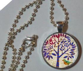 Bird and Tree 1'glass & metal pendant with chain necklace Bohemian necklace pendant, tree jewelry, tree jewellery, Tree art pendant charm