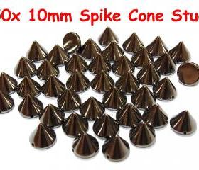 50 pcs 10mm DIY DK Black Silver Metal Spike Cone Punk FlatBack Studs Hotfix Iron On Glue On for iPhone Case or Crafts
