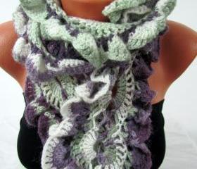 Knitted curly scarf crochet, colorful purple and green line