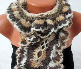 Knitted curly scarf crochet, colorful brown, mocha, white range.