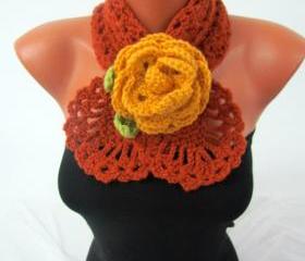 Women accessories,crochet scarf jewellery,gift for mom, nechwarmer handmade gift, rose brooch dark yelolw flowers