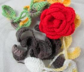 Knitted scarf necklace, flower necklace with, green multicolor and Red rose