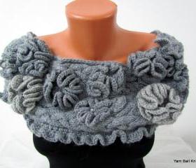 Cape, scarf gray, light gray, decorated with knitted flowers, fastened with four hidden buttons. women