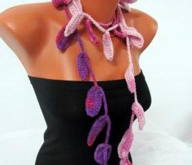Crocheted scarf necklace leaves,Pink ,purple, violet red, Feminine, Trendy, Spring, Summer, Harvest