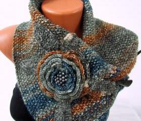 Knitted scarf around the neck, three buttons, crocheted flower with beads in killed, earthy colors