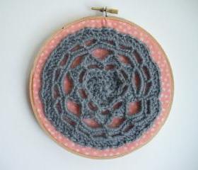 Peach and Gray Free Form Crochet Hoop Art, ready to ship.
