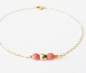 Dainty Pink Beaded Gold Bracelet, 14kt Gold Filled Bracelet, Gift for Her