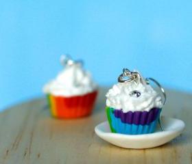 Rainbow cute earrings cupcake miniature kawaii Polymer clay sweet dessert hoop