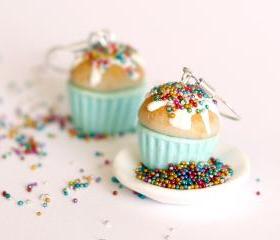 Miniature food -Blue earrings cupcake- kawaii Polymer clay sweet dessert hoop