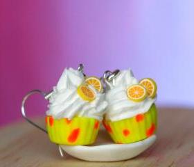 Neon yellow cute earrings cupcake miniature kawaii Polymer clay sweet dessert hoop