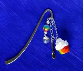 Polymer clay rainbow cupcake and beads bookmark miniature kawaii silver
