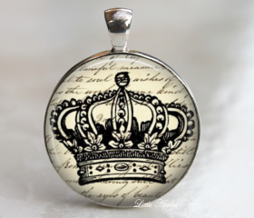 vintage royal crown print illustrations glass necklace or keychain