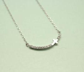Sideways Cross necklace with Rhinestone in SILVER
