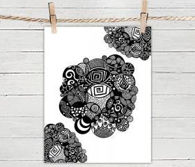 Poster Print 8x10 - Black and White Organic Circles - of Fine Art Illustration for Your Wall Decor