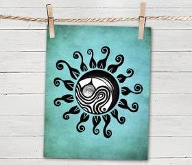 Poster Print 8x10 - Turquoise Ocean Sun - of Fine Art Illustration for Your Wall Decor