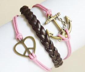 Brass Anchor Pink Bracelet,Love Peace Sign Pink Bracelet and Braided Faux Leather Bracelet - Friendship Bracelet - Gift under 15