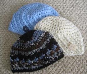 Baby boy hats . SET OF 3 Beanie caps. Crochet newborn to 3 month size. Great Photo Prop