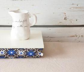  I- Pad stable table or Laptop Lap Desk without edges - Off white with Brown and Blue Mediterranean print lycra Pillow