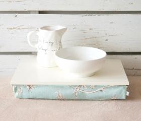 Laptop Lap Desk or Breakfast serving Tray without borders - Off White with Sky Blue Aqua Floral Pillow