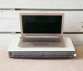 Wooden Laptop Lap Desk or Breakfast serving Tray without borders- Off White with Grey, mint and pale red striped polyester fabric