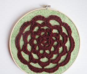 Oxblood and Mint Free Form Crochet Hoop Art with lacey rose design, ready to ship.