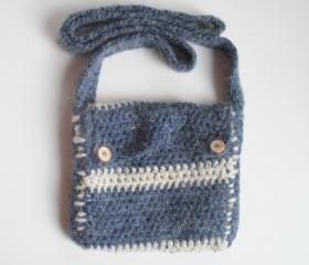 Small Bohemian Sling Purse in denim blue and oatmeal, floral print lining, ready to ship.