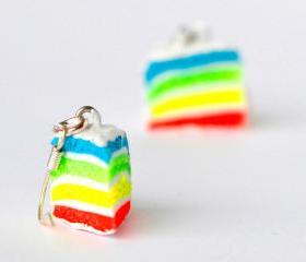 Rainbow cake earrings miniature food Polymer clay neon hoop sweet dessert