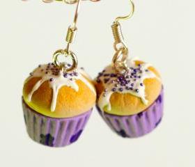Miniature food - Purple earrings cupcake- Purple flowers kawaii Polymer clay sweet dessert hoop