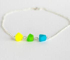 Geometric stones Polymer clay neon necklace beads - silver with yellow green and blue beads