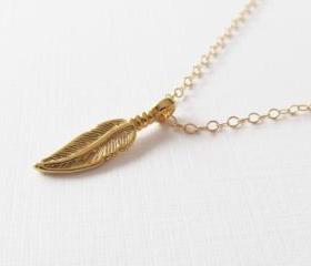 Gold Feather Necklace, 14kt Gold Filled Necklace Gift for Her