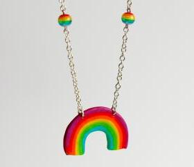 Rainbow necklace cute hipster Polymer clay with rainbow beads