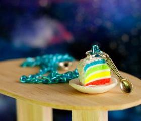 Rainbow cake necklace neon miniature food Polymer clay sweet dessert