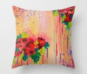 STRAWBERRY CONFETTI Abstract Pink Peach Floral Garden Painting Design Durable Polyester Doube-Sided 18 x 18 Pillow Cover, Stylish Home Decor