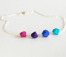 Necklace polymer clay purple blue geometric beads - silver necklace